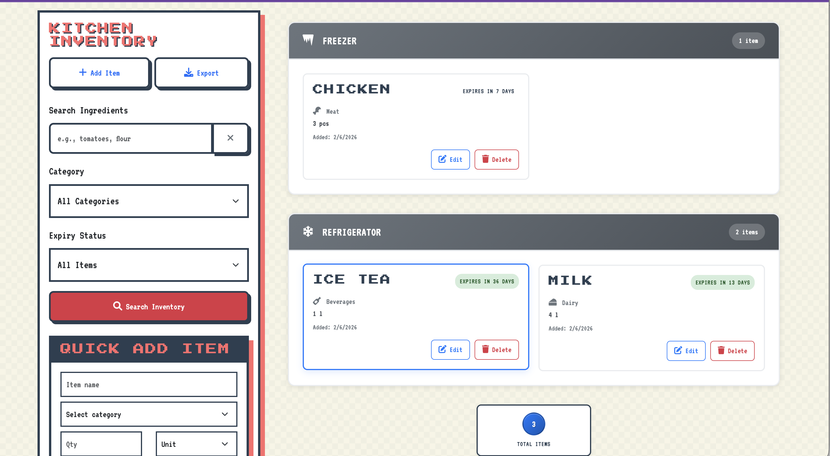 Inventory dashboard with expiry alerts and location-based organization