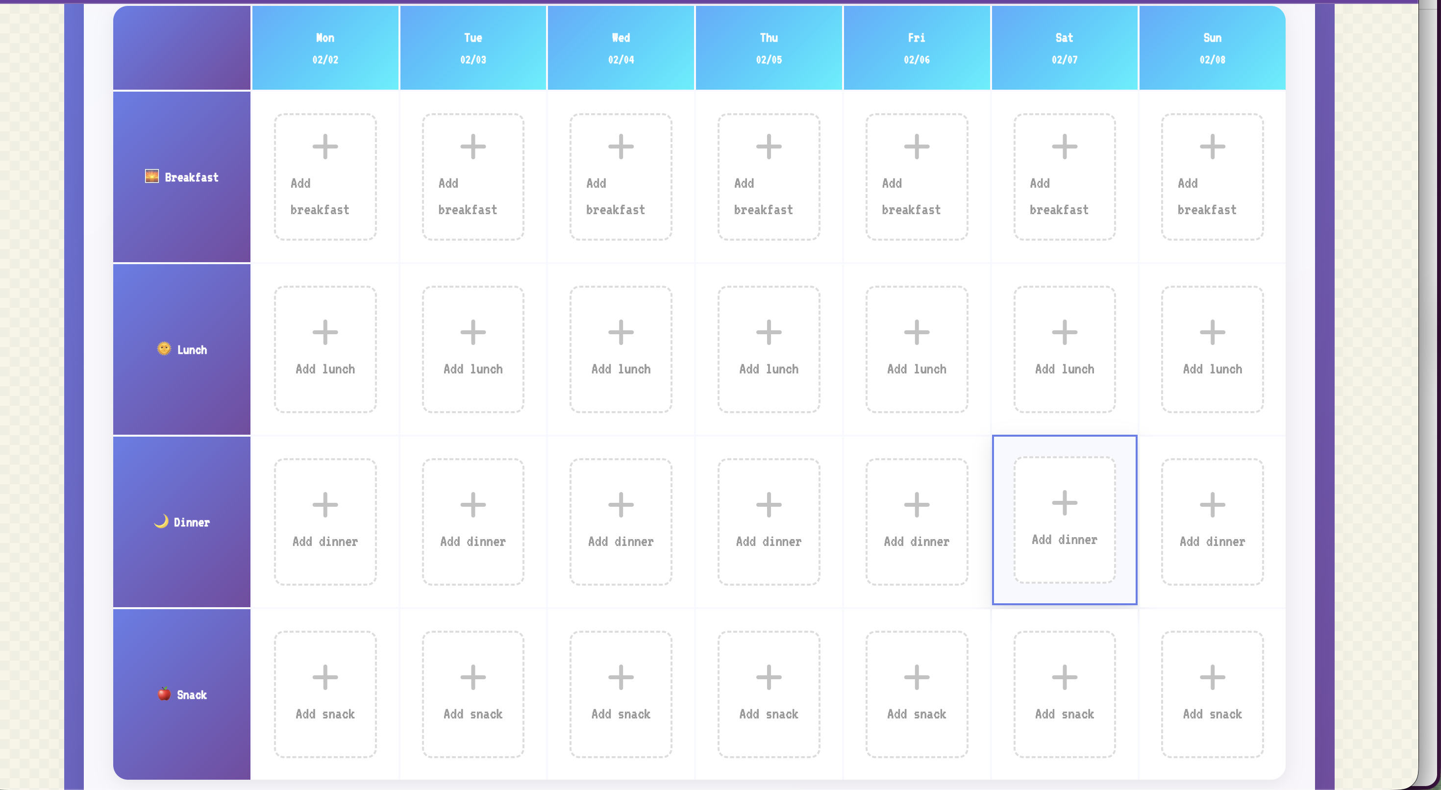 Weekly meal calendar with drag-and-drop recipes and nutrition summary