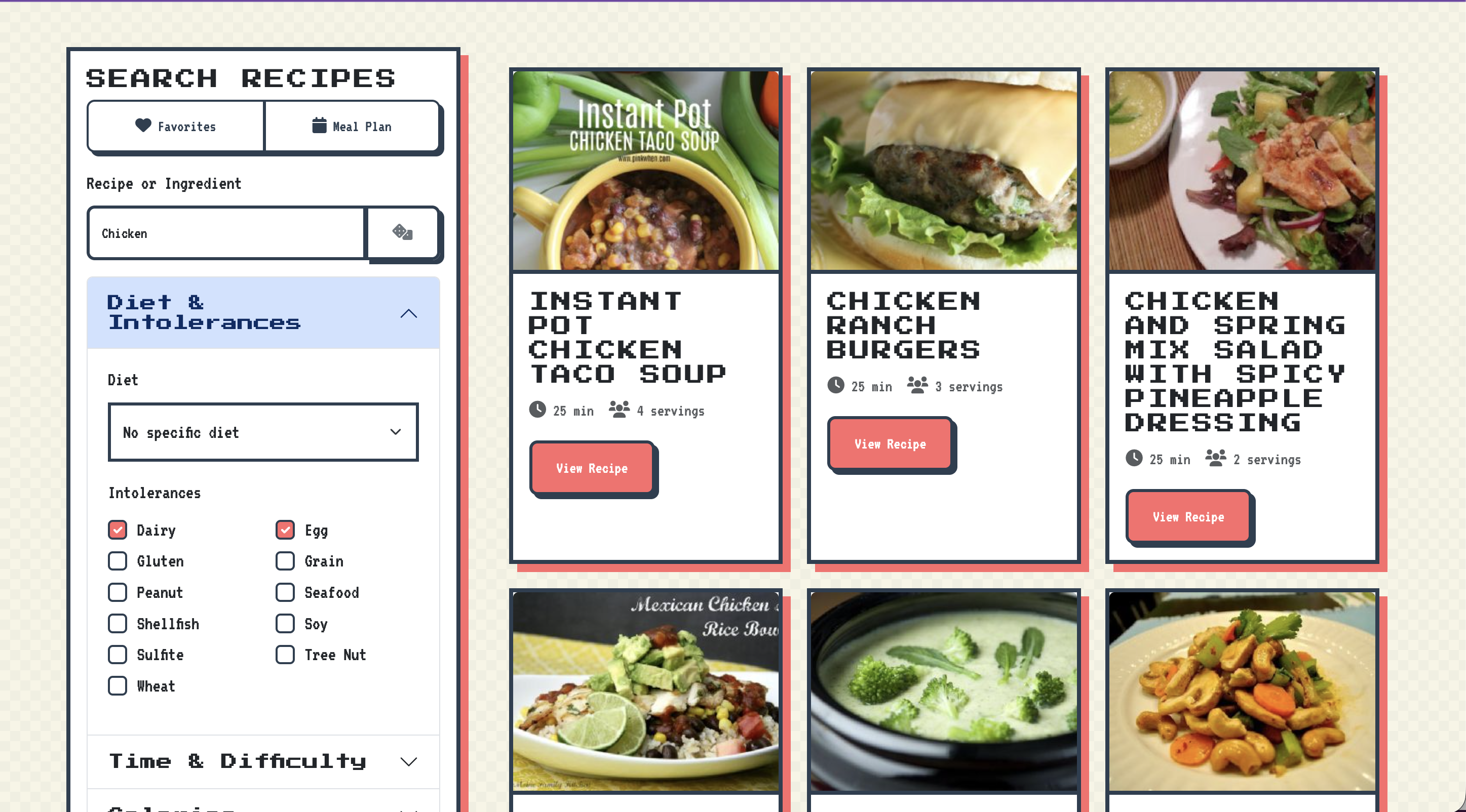 Recipe search results with active dietary filters and AI suggestion cards