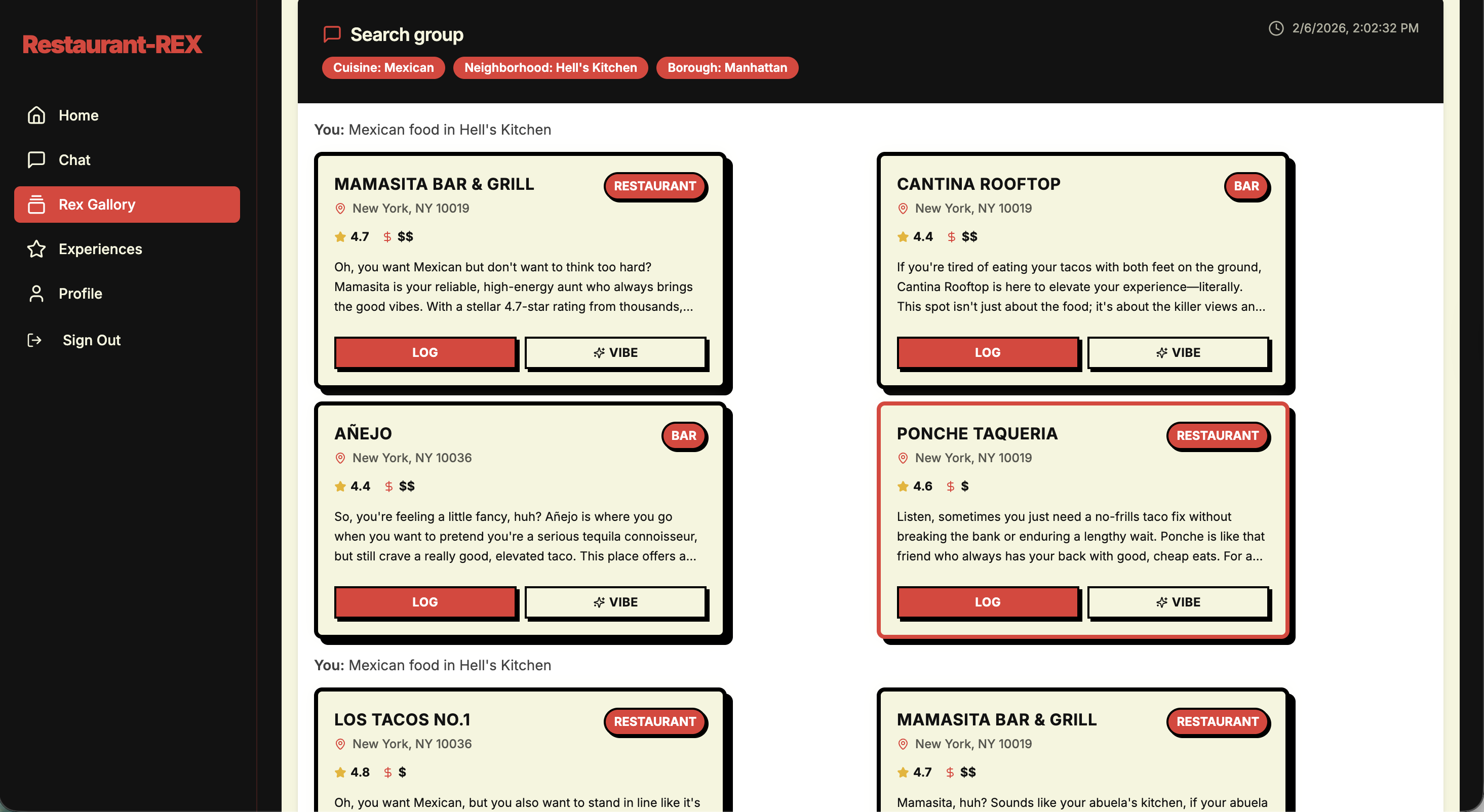Rex Gallery showing grouped conversations with filters
