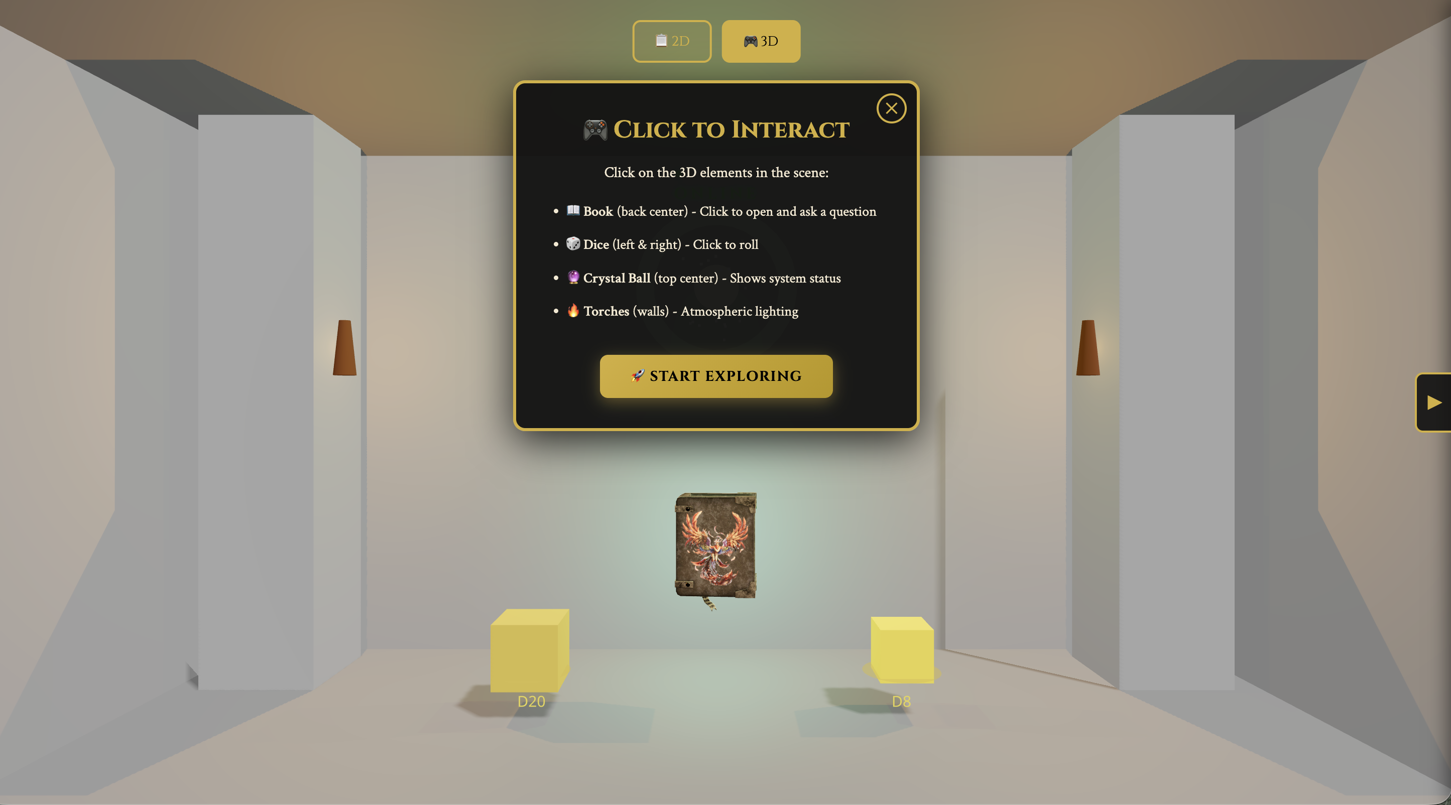 3D dungeon room with fantasy book interface and query results