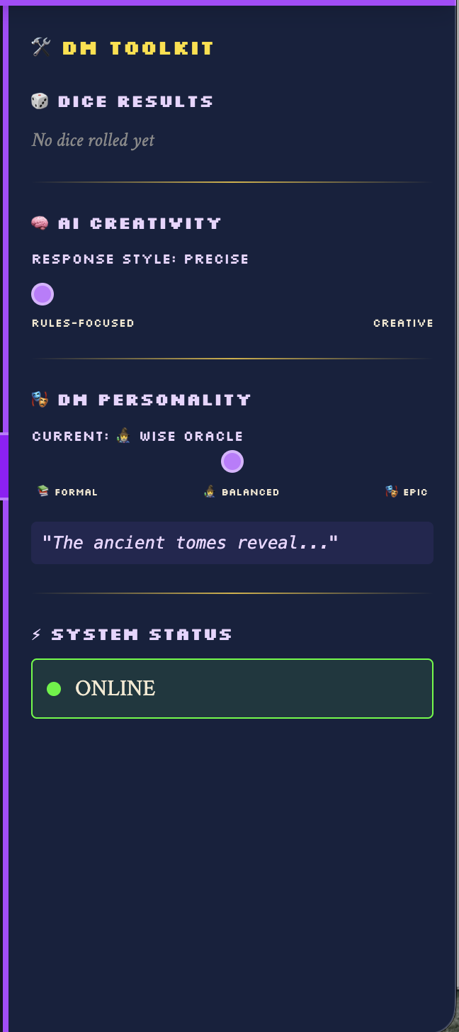 DM toolkit showing dual sliders and personality selector